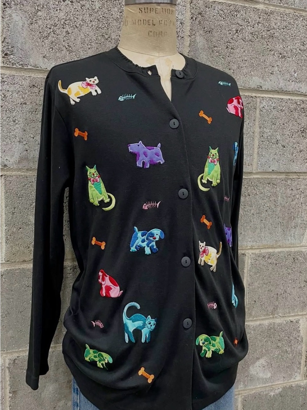 Blair Black Button-Front Cardigan with Colorful Cat Embroidery